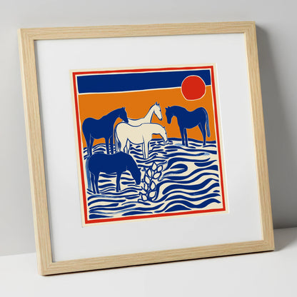 Wild Sapphire Shallows wild horses art print in natural frame