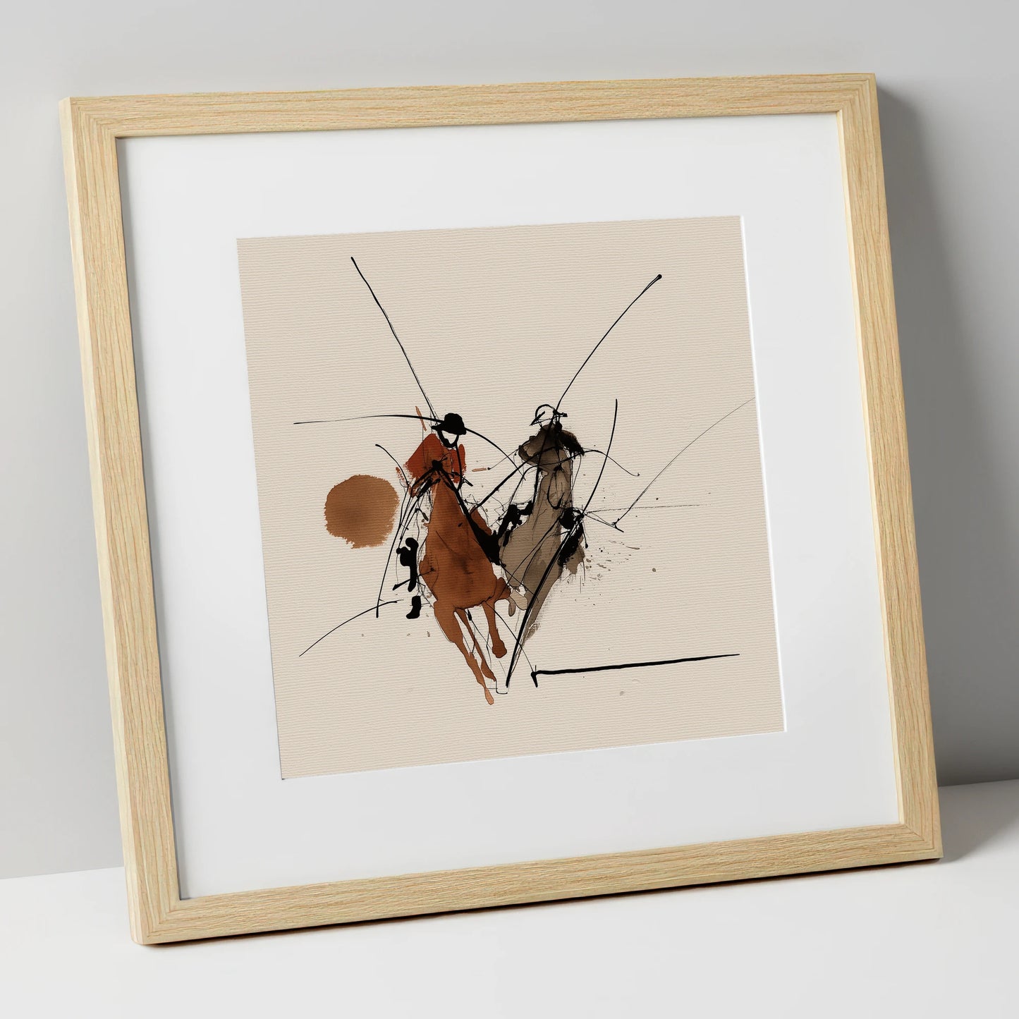 The Ride-Off polo horse art print in natural frame