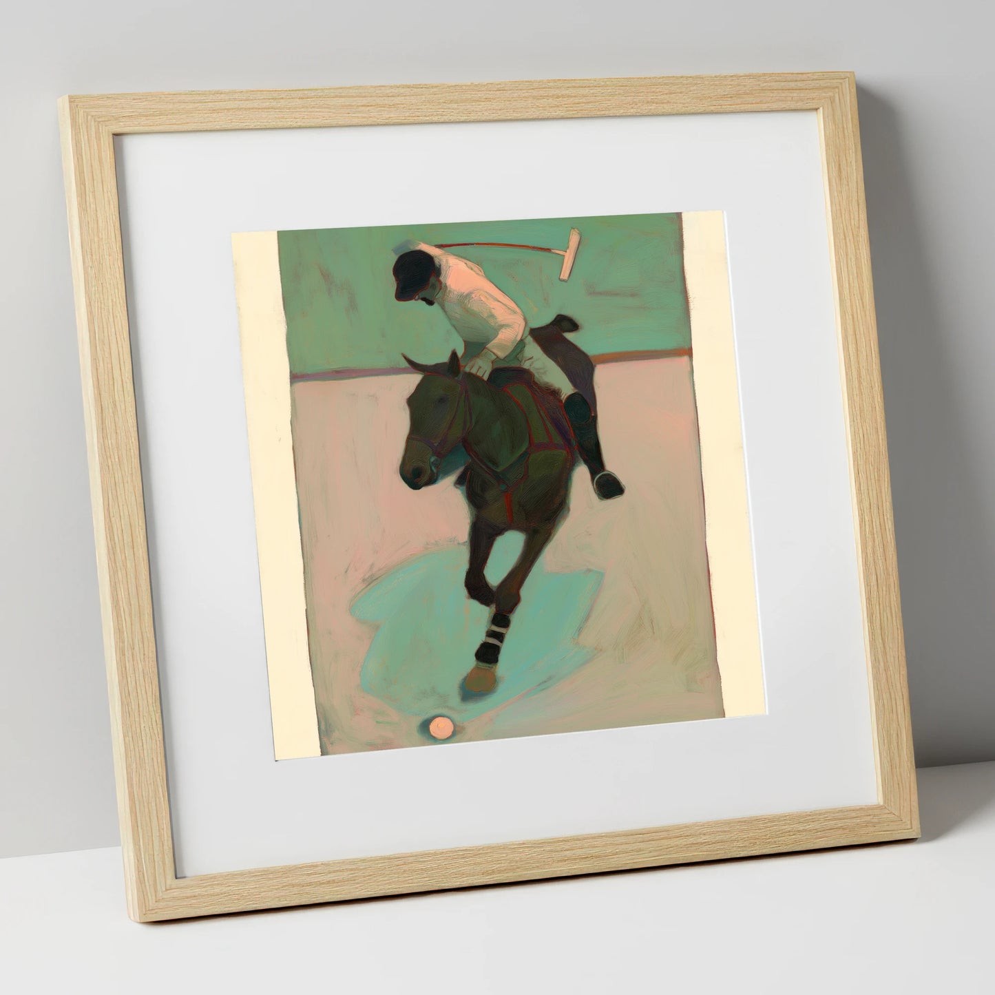 Turning on the Ball polo horse art print in natural frame