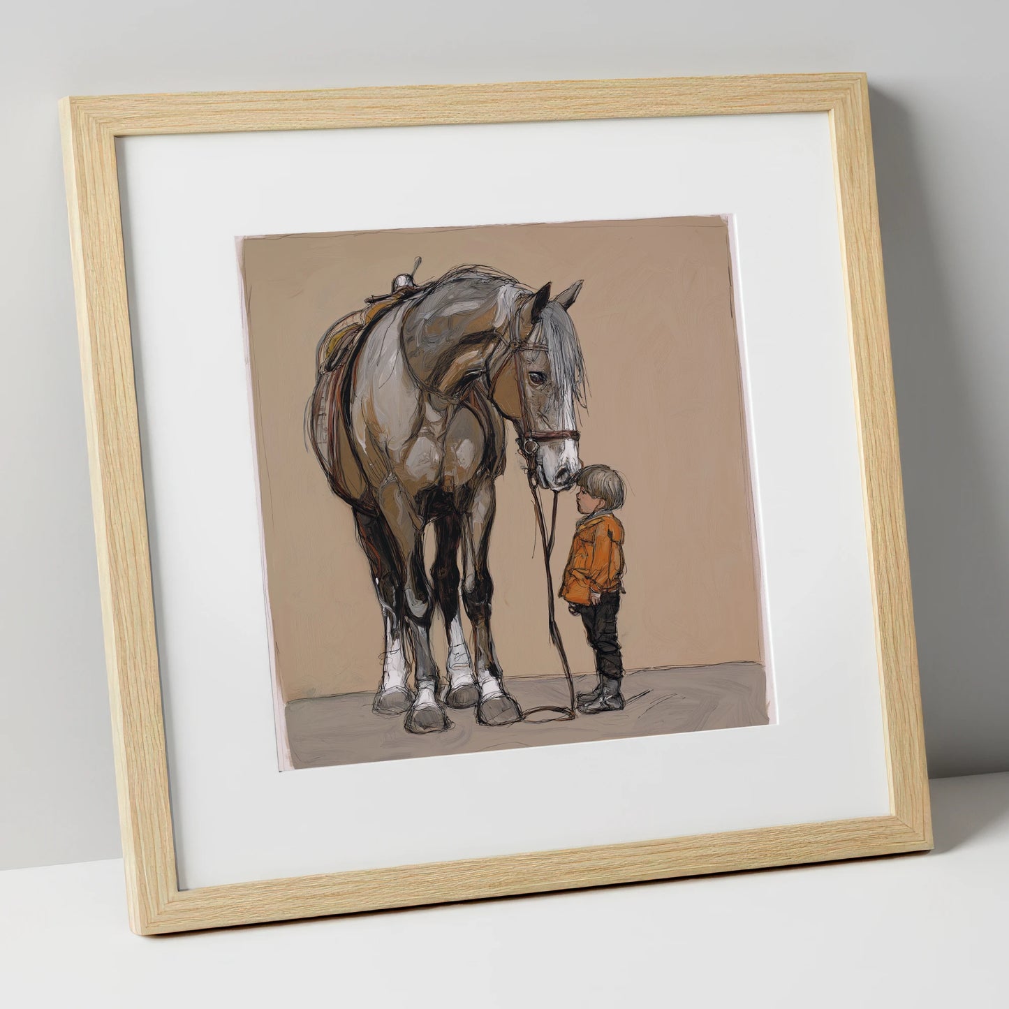 The Gentle Giant horse & rider art print in natural frame