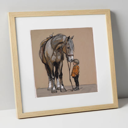The Gentle Giant horse & rider art print in natural frame
