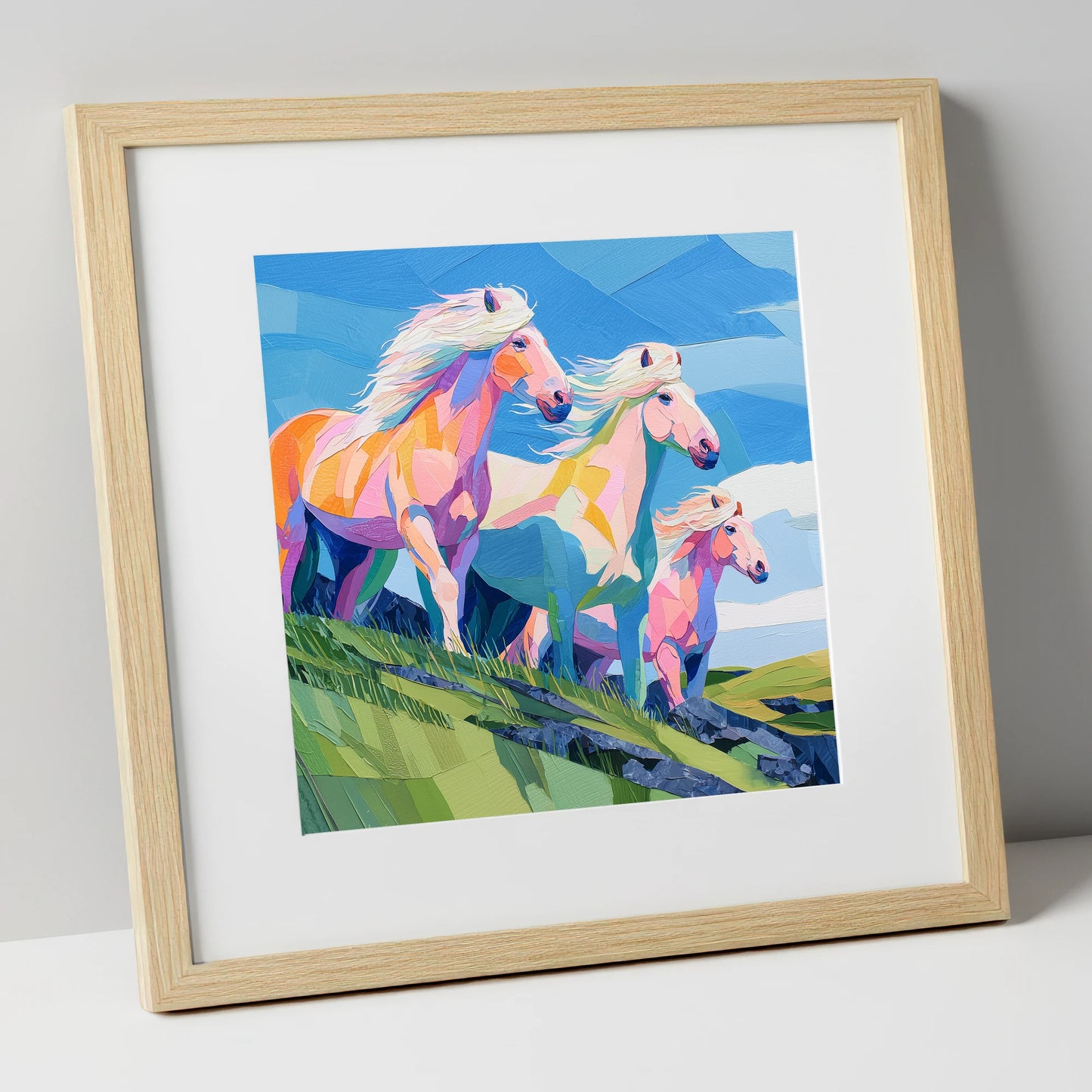 Radiant Hillside Herd horse landscape art print in natural frame