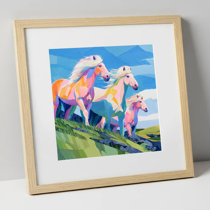 Radiant Hillside Herd horse landscape art print in natural frame