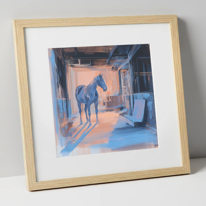 The Quiet Aisle horse stable art print in natural frame