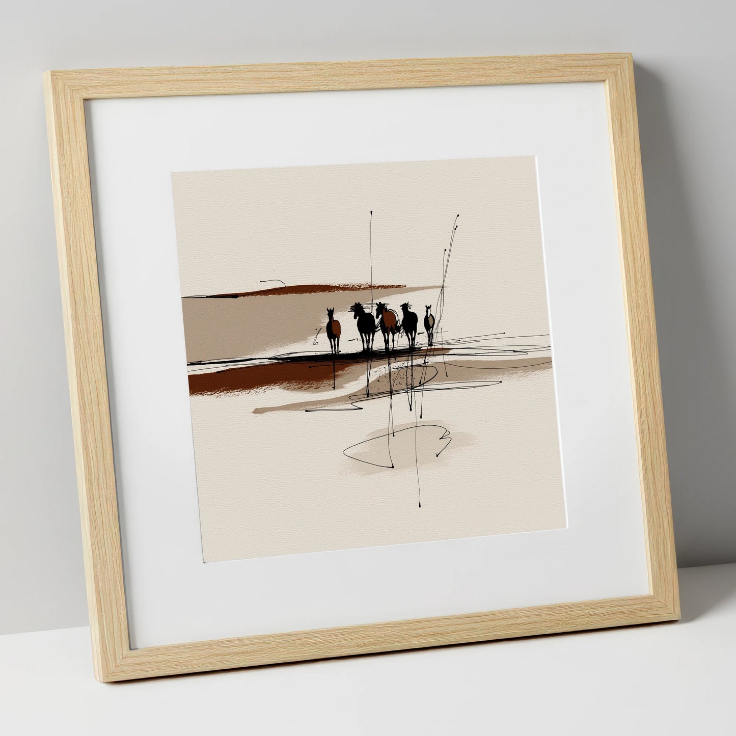Abstract Herd Shadows wild horses art print in natural frame