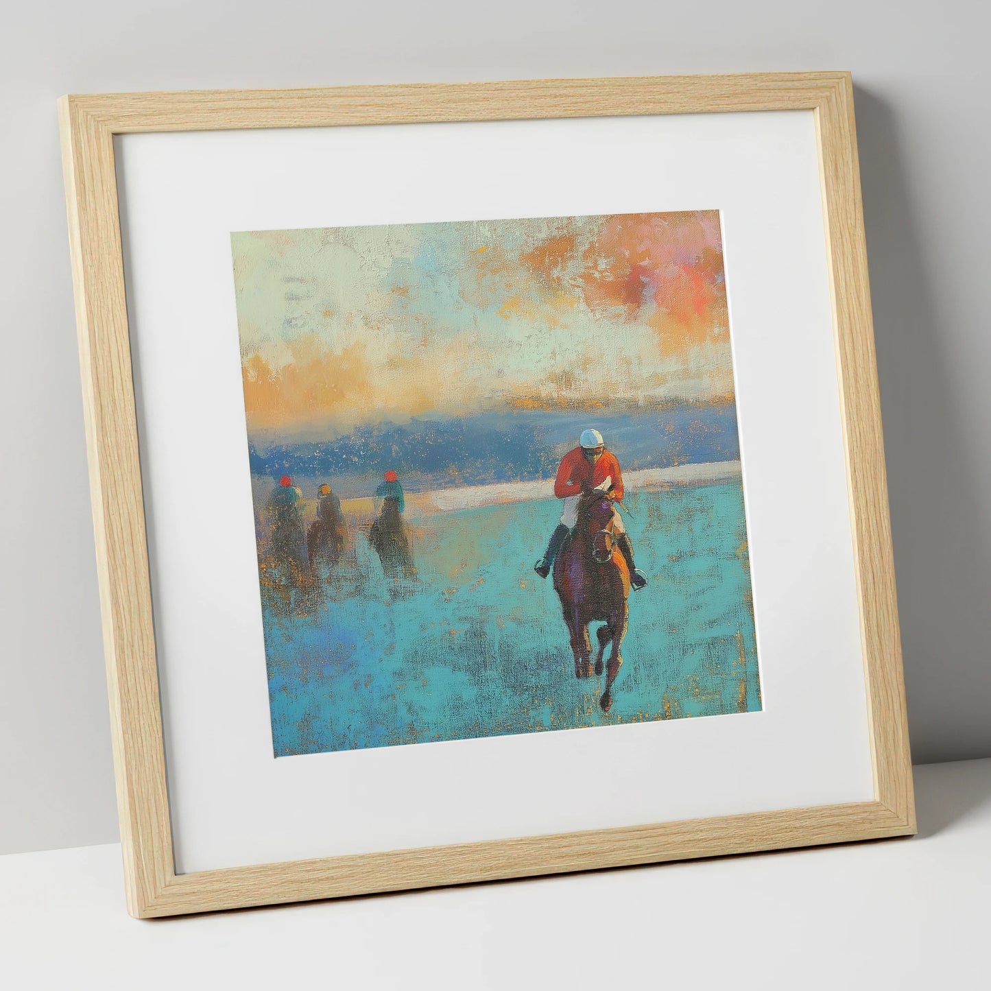 The Front Runner racing horse art print in natural frame