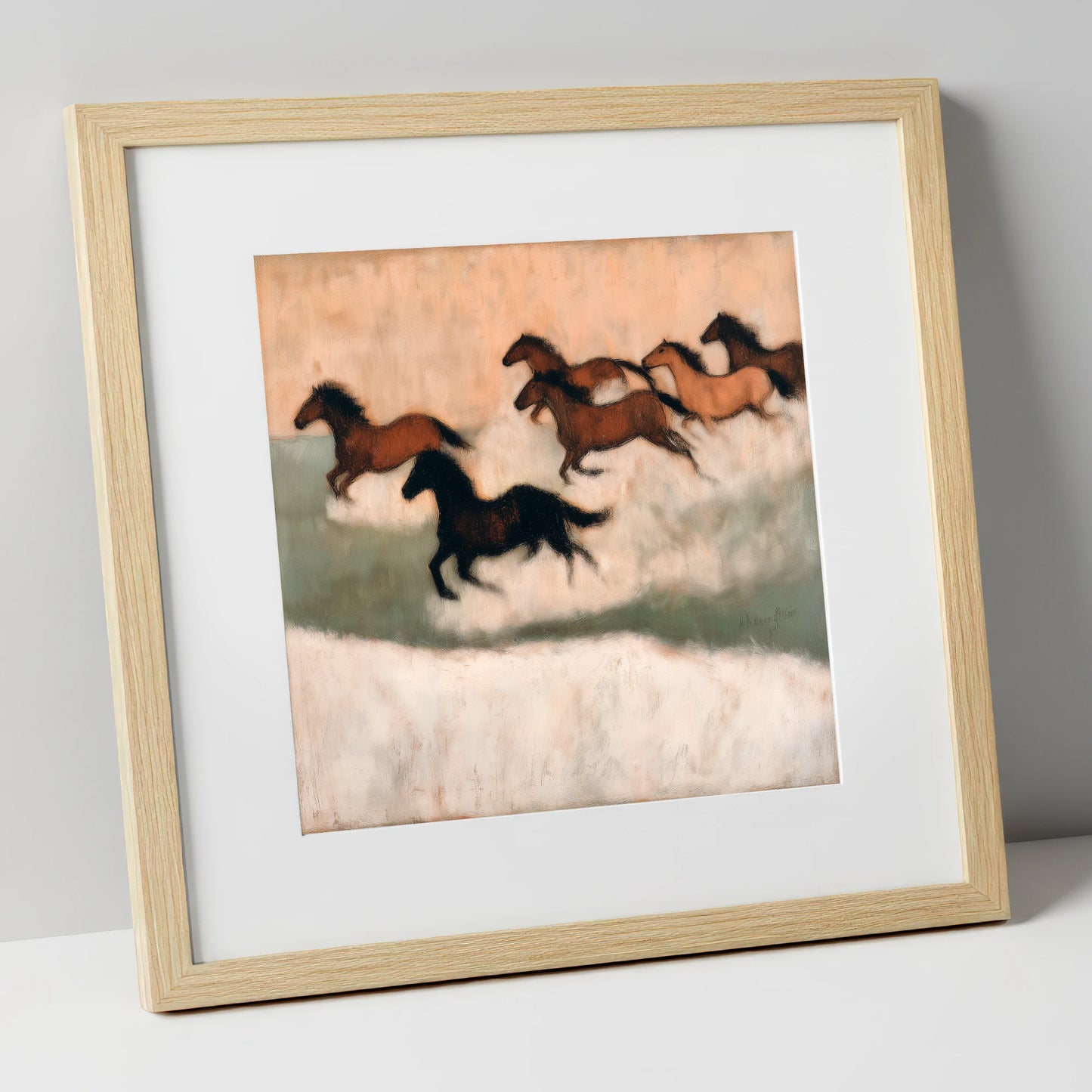 Through the Winter Haze wild horses art print in natural frame