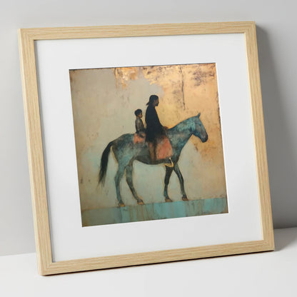 Timeless Golden Journey horse & rider art print in natural frame