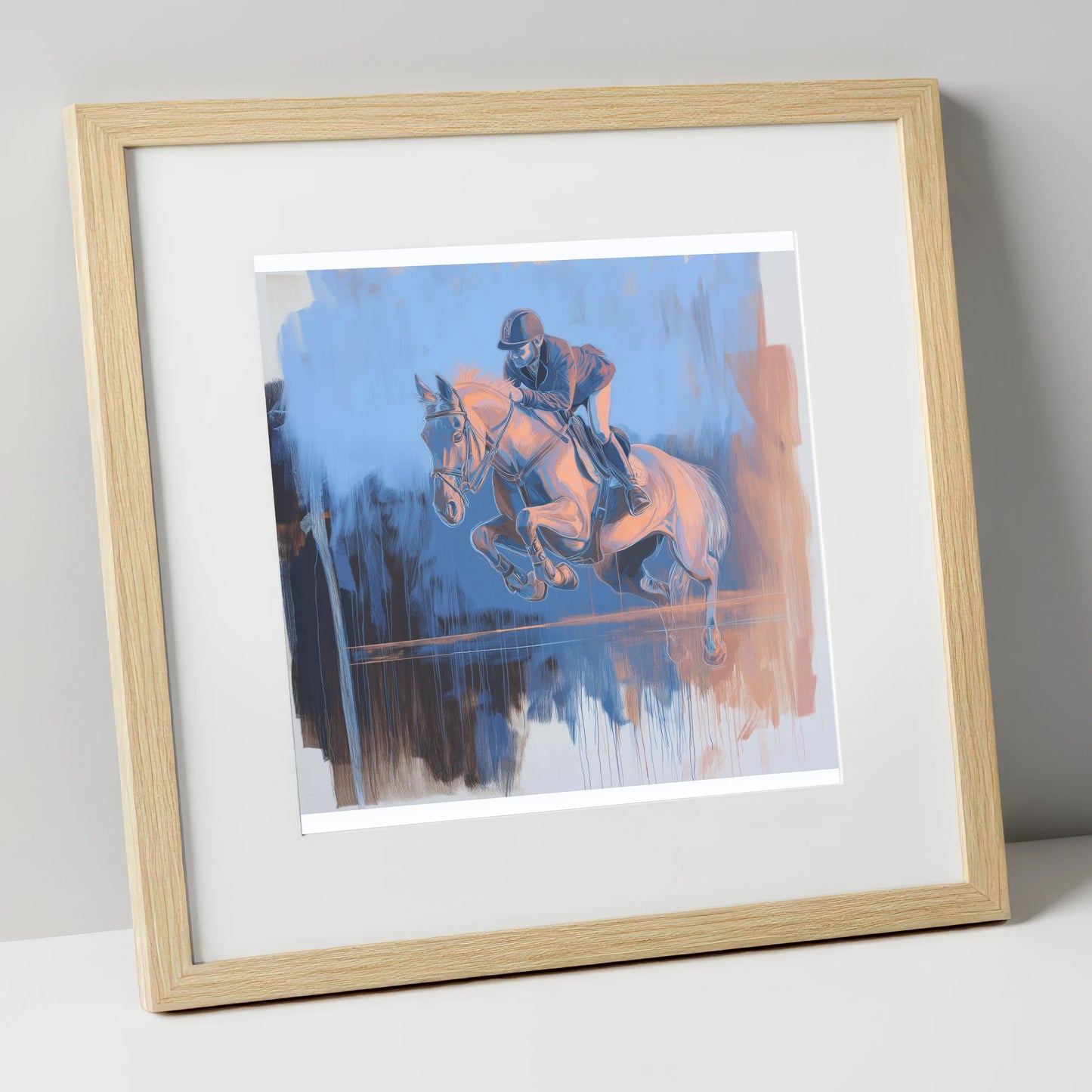 Suspended Over Cobalt show jumping horse art print in natural frame