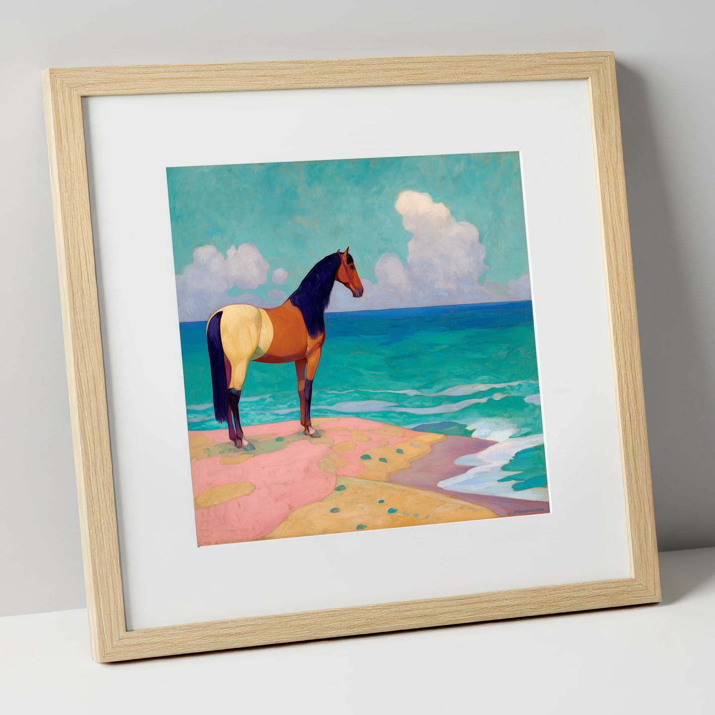The Painted Shoreline horse landscape art print in natural frame
