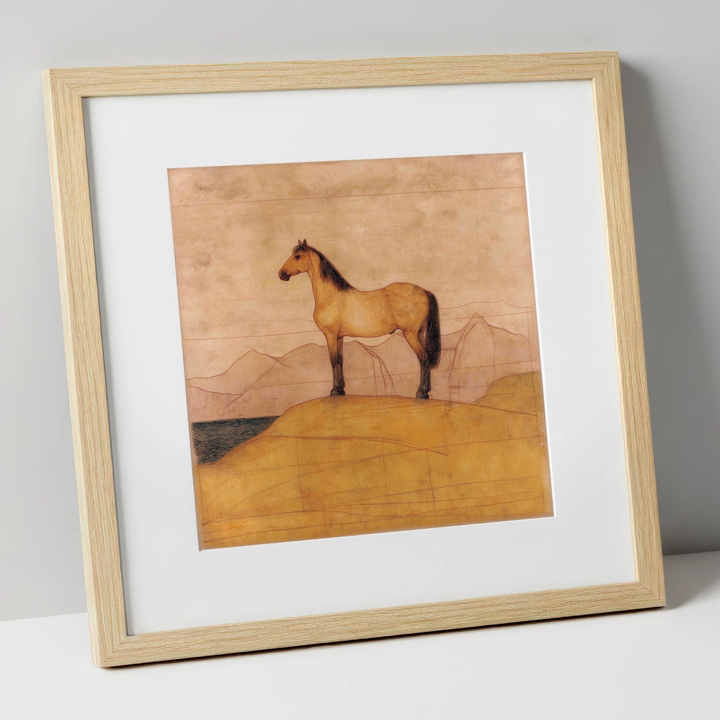 Golden Ridge Study horse landscape art print in natural frame