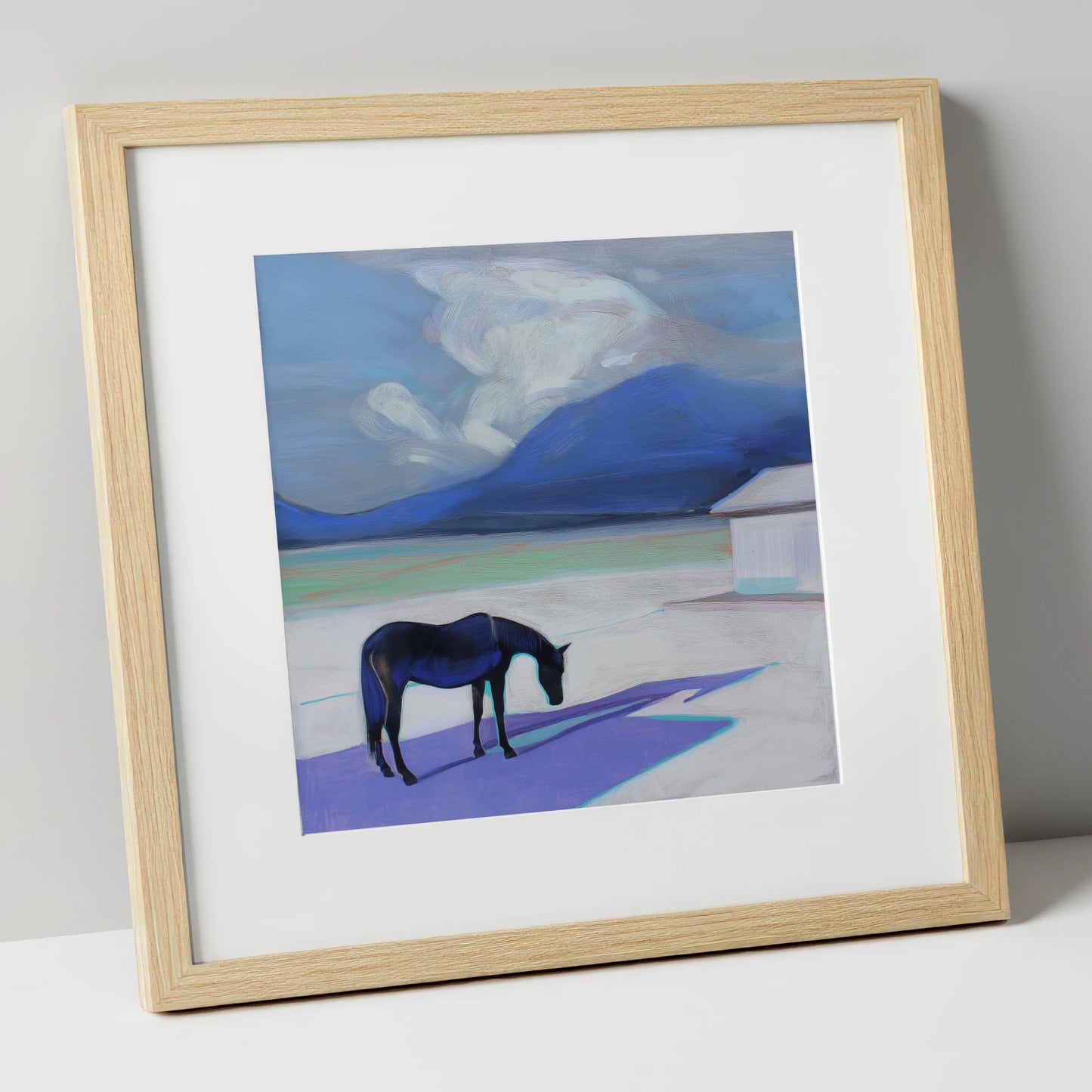Lavender Shadows horse landscape art print in natural frame