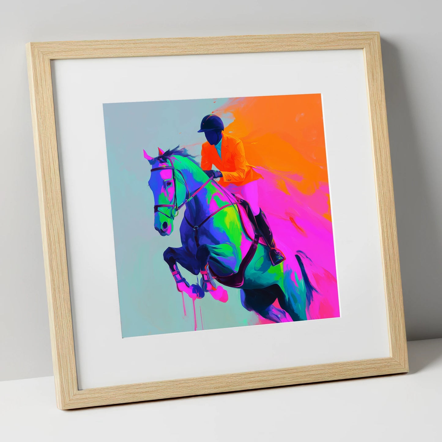 Technicolour Flight show jumping horse art print in natural frame