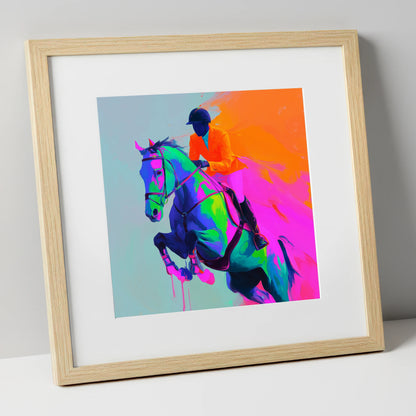 Technicolour Flight show jumping horse art print in natural frame