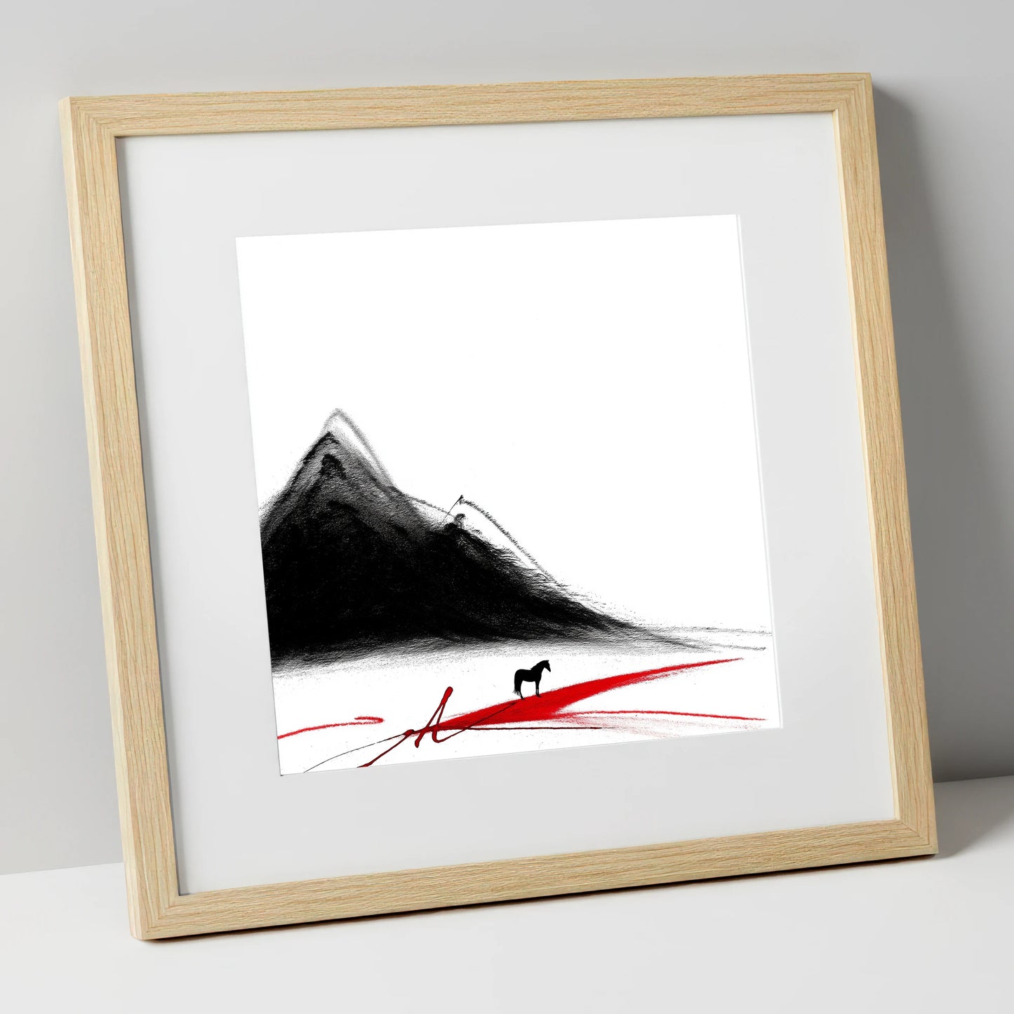 Crimson Path Silhouette horse landscape art print in natural frame