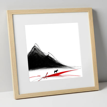 Crimson Path Silhouette horse landscape art print in natural frame