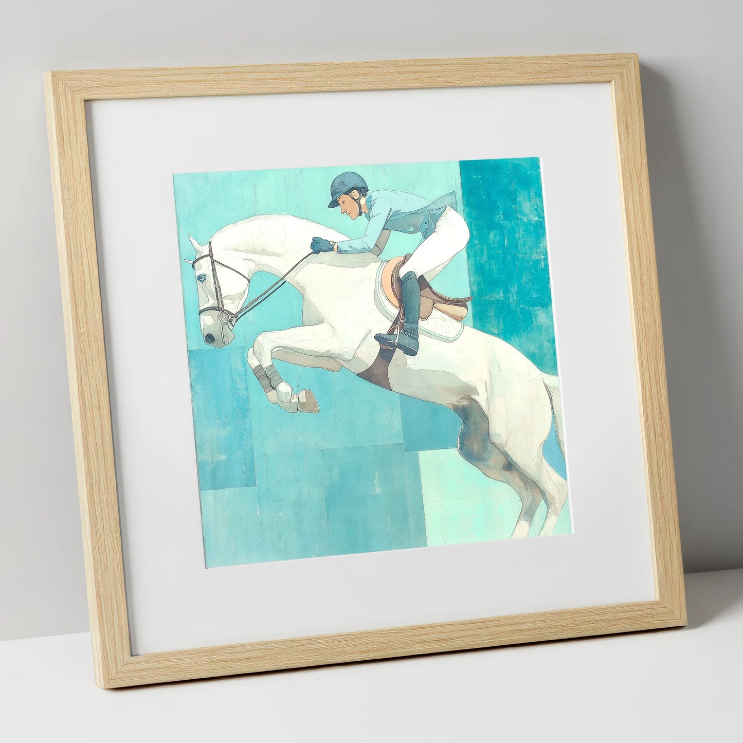 Aquamarine Flight show jumping horse art print in natural frame