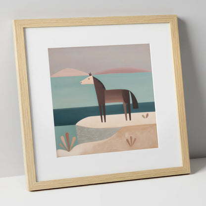 Coastal Solitude horse landscape art print in natural frame