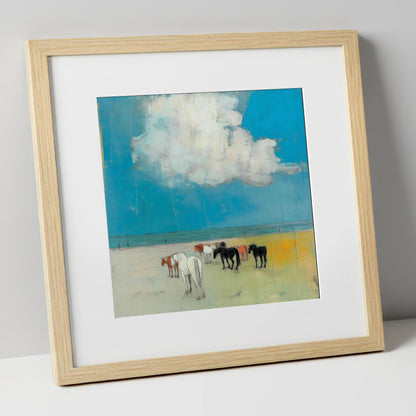 Turquoise Horizon Herd horse landscape art print in natural frame