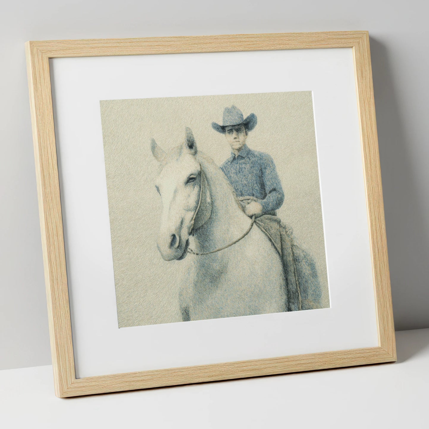 Slate Blue Stockman western horse art print in natural frame