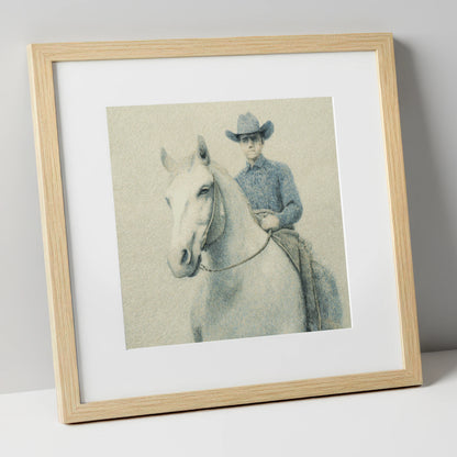 Slate Blue Stockman western horse art print in natural frame