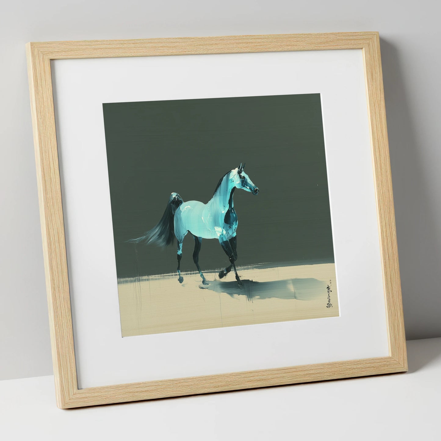 Azure Arabian Spirit horse breed art print in natural frame