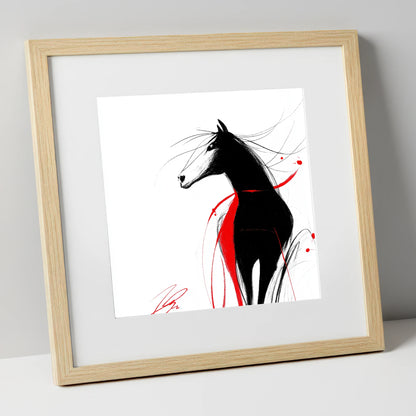 Spirited Silhouette in Red horse portrait art print in natural frame