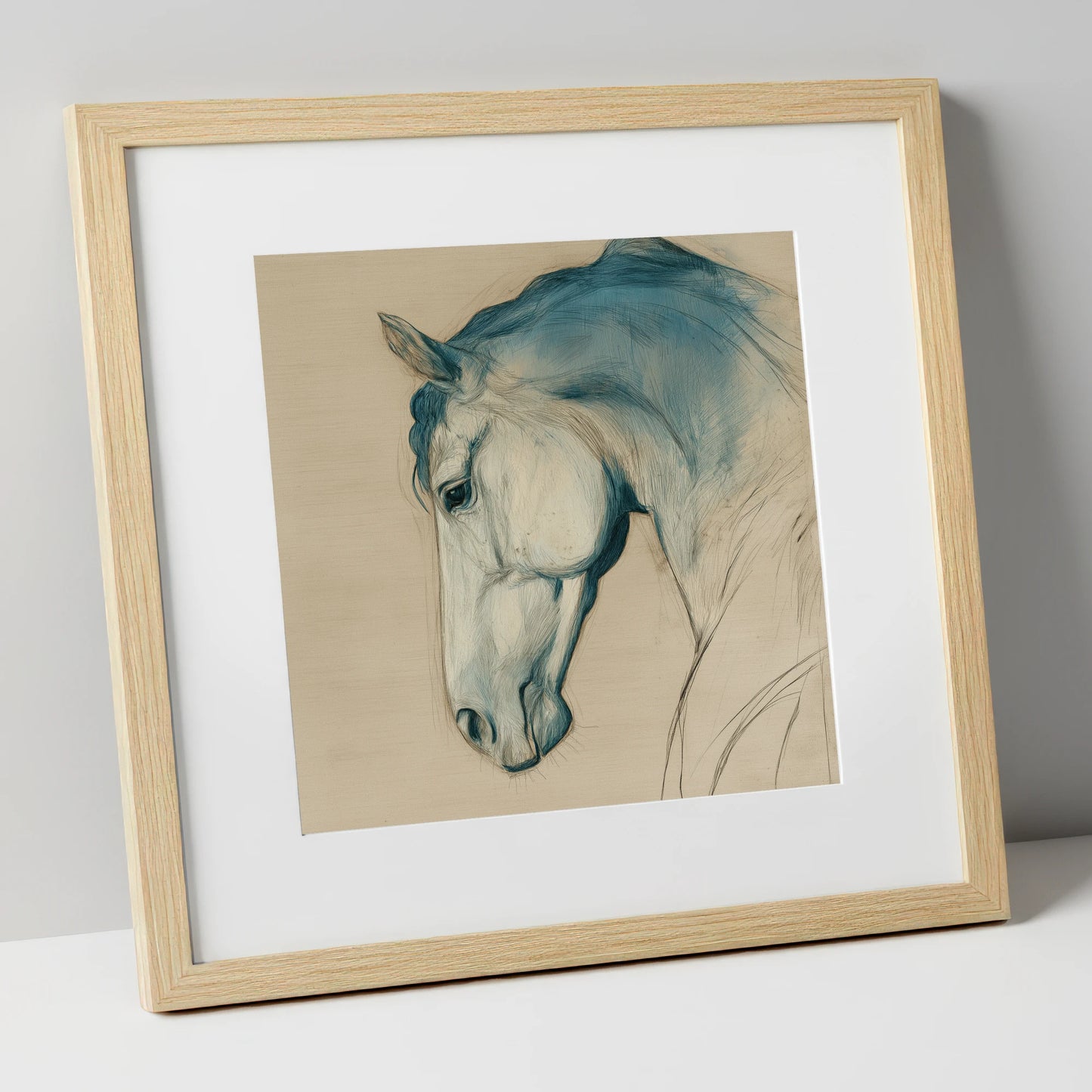 Teal Wash Equine Profile horse portrait art print in natural frame