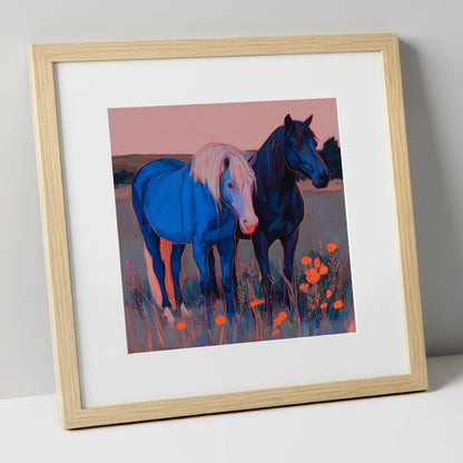 Cobalt Pastures horse landscape art print in natural frame