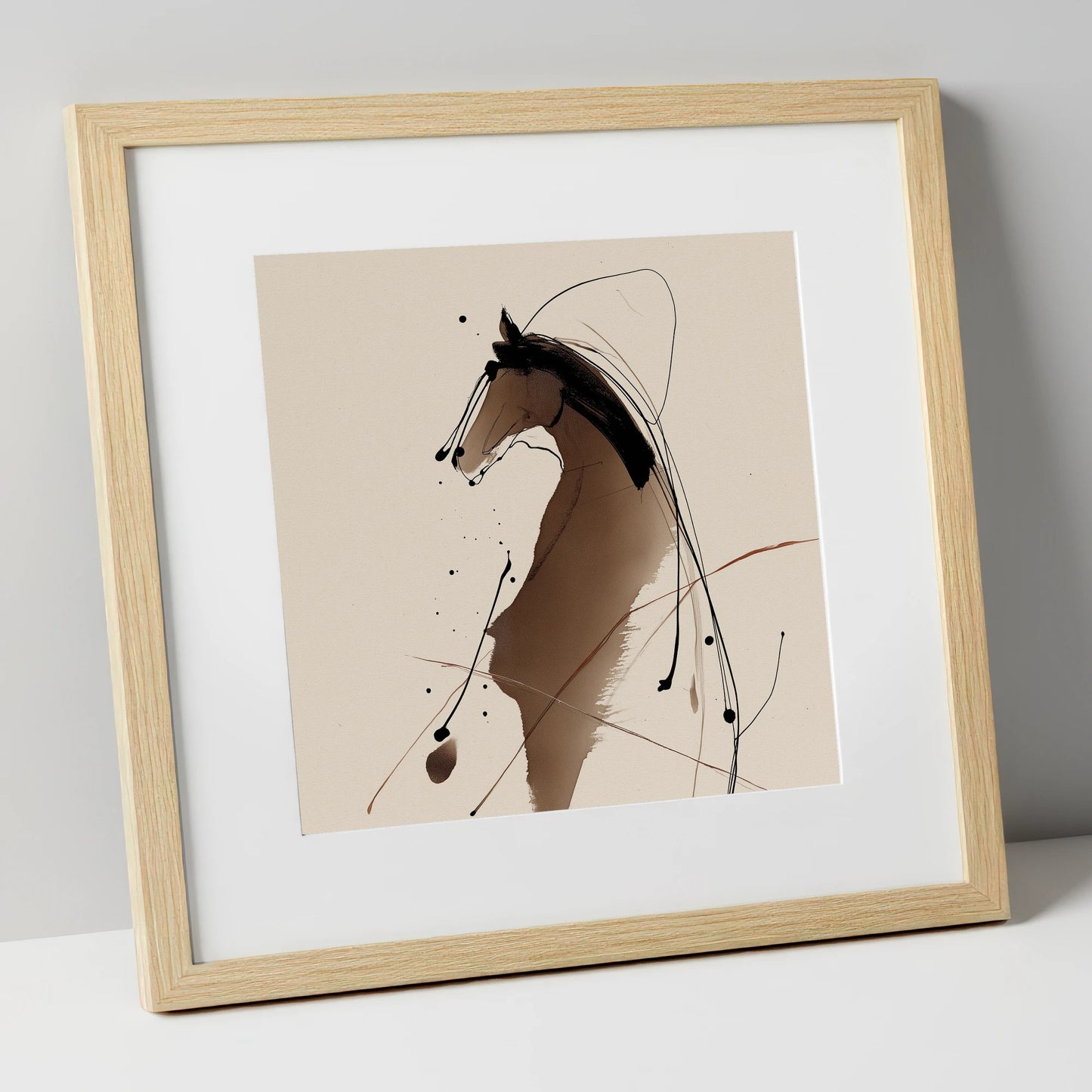 Sweeping Ink Portrait horse portrait art print in natural frame