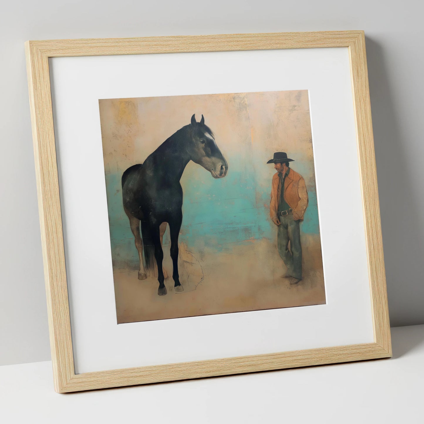 The Quiet Accord western horse art print in natural frame
