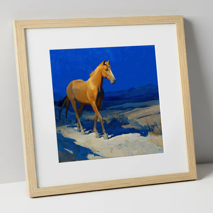 Sunlit Chestnut Stride horse landscape art print in natural frame