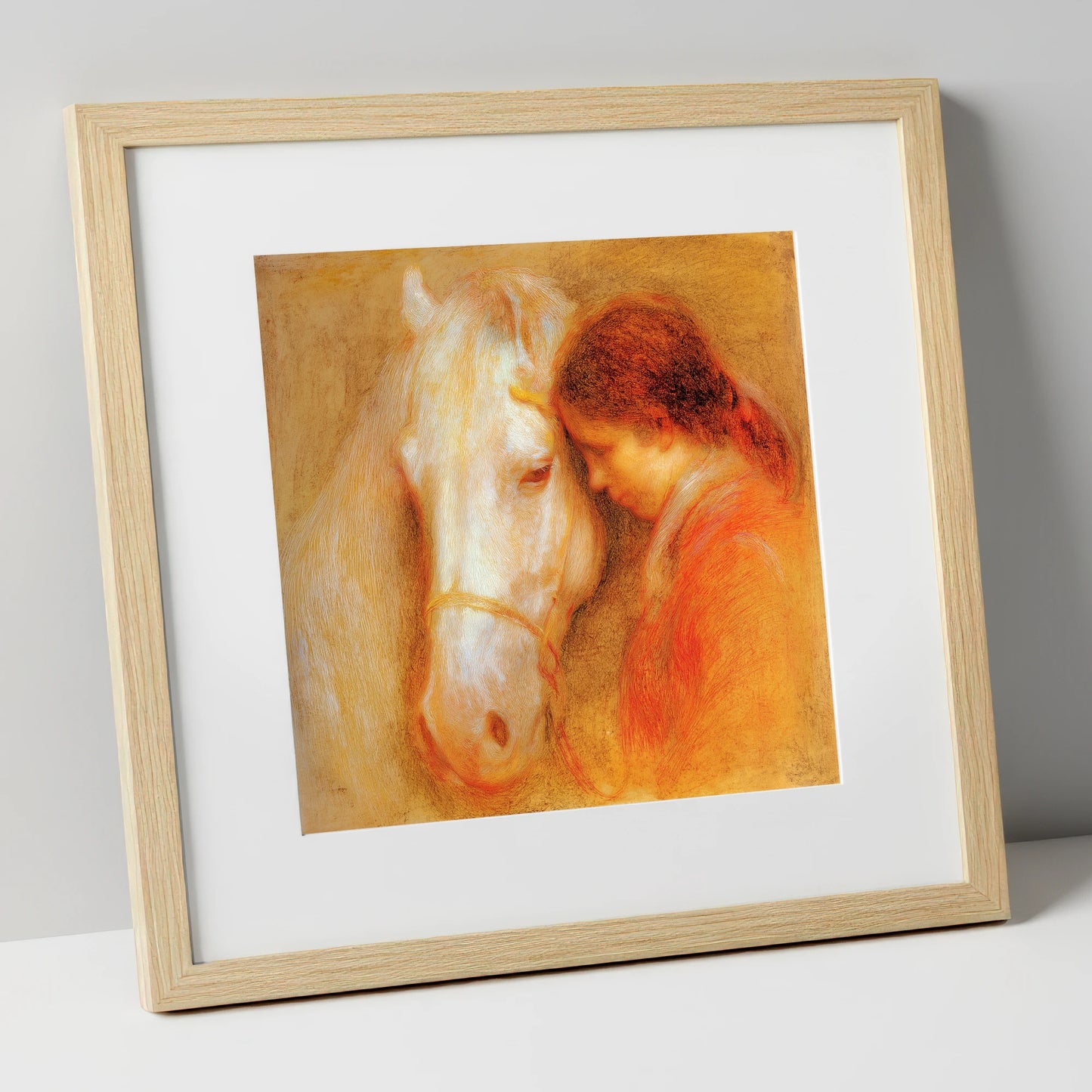 The Unspoken Bond horse & rider art print in natural frame