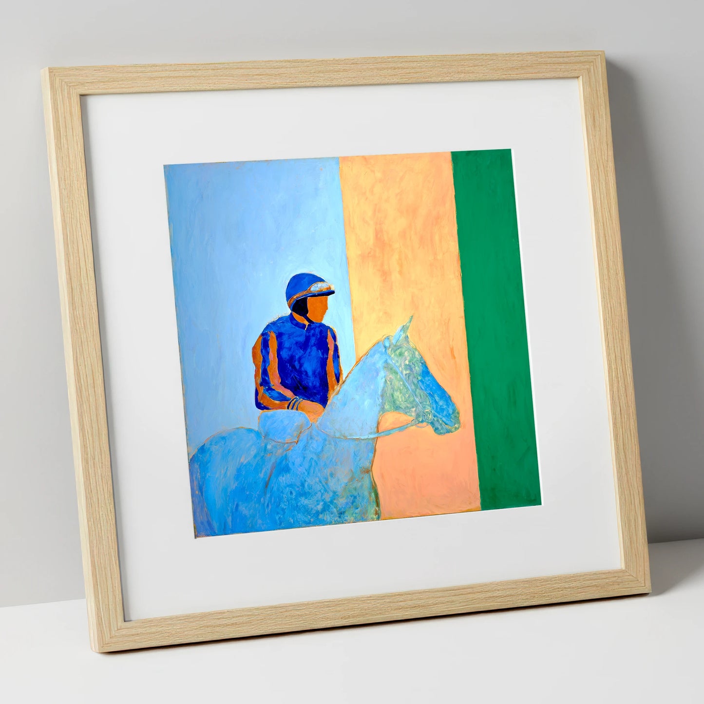 Stillness In The Saddle racing horse art print in natural frame