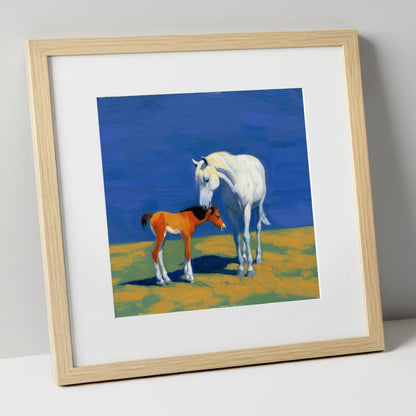 Sunlit Bond mare & foal art print in natural frame