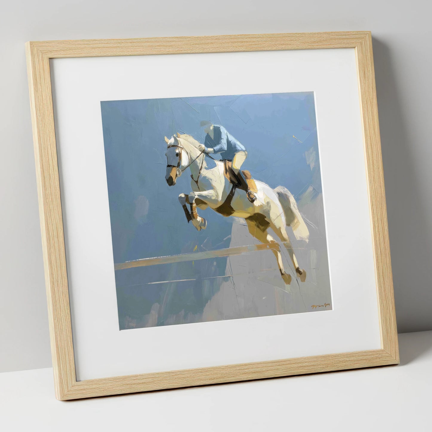 Flight Over Slate show jumping horse art print in natural frame