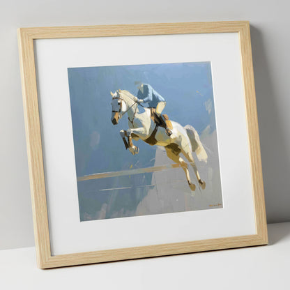 Flight Over Slate show jumping horse art print in natural frame