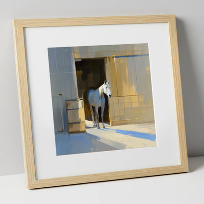 Sunlit Stable Doorway horse stable art print in natural frame