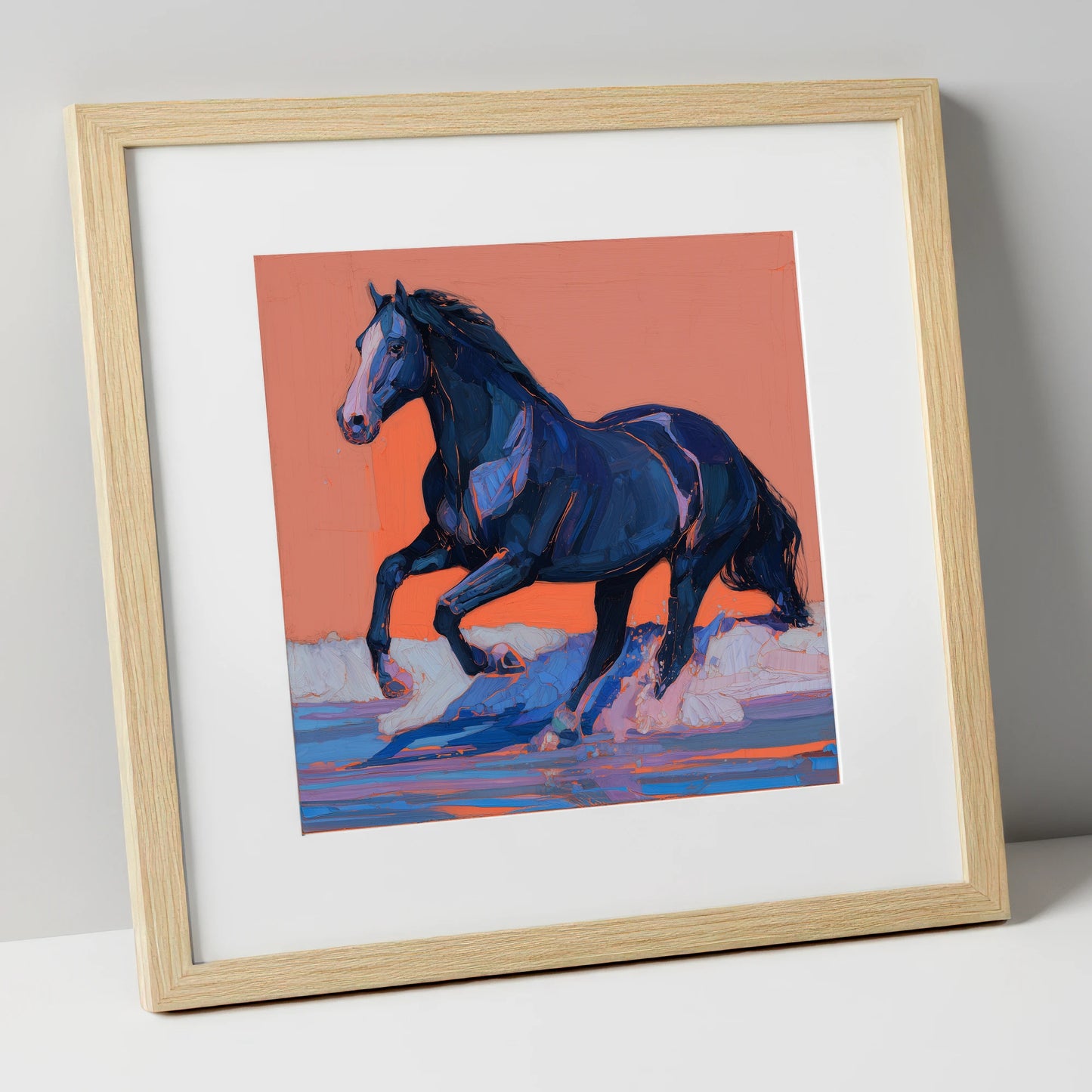 Indigo Surf Canter beach horse art print in natural frame