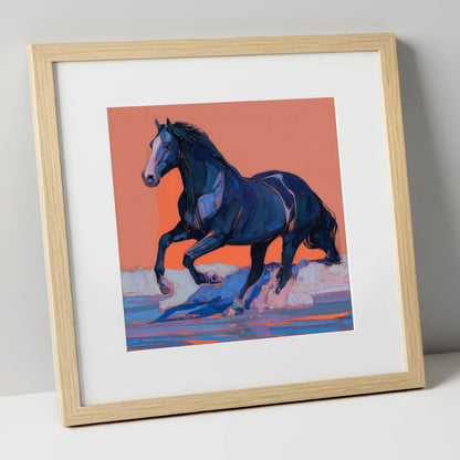 Indigo Surf Canter beach horse art print in natural frame