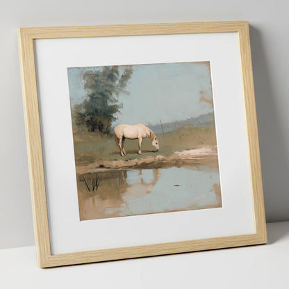Pastoral Reflection horse landscape art print in natural frame