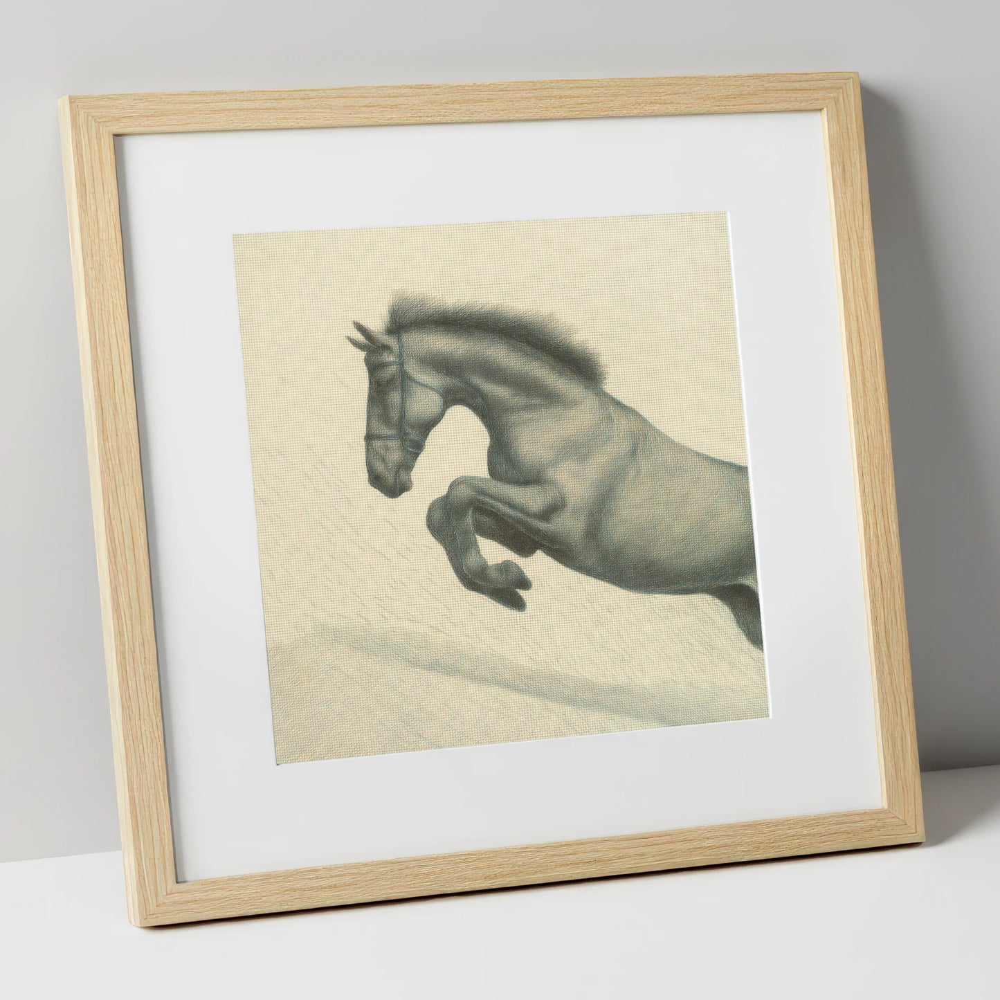 Etched in Flight show jumping horse art print in natural frame