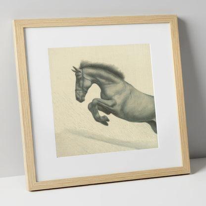Etched in Flight show jumping horse art print in natural frame