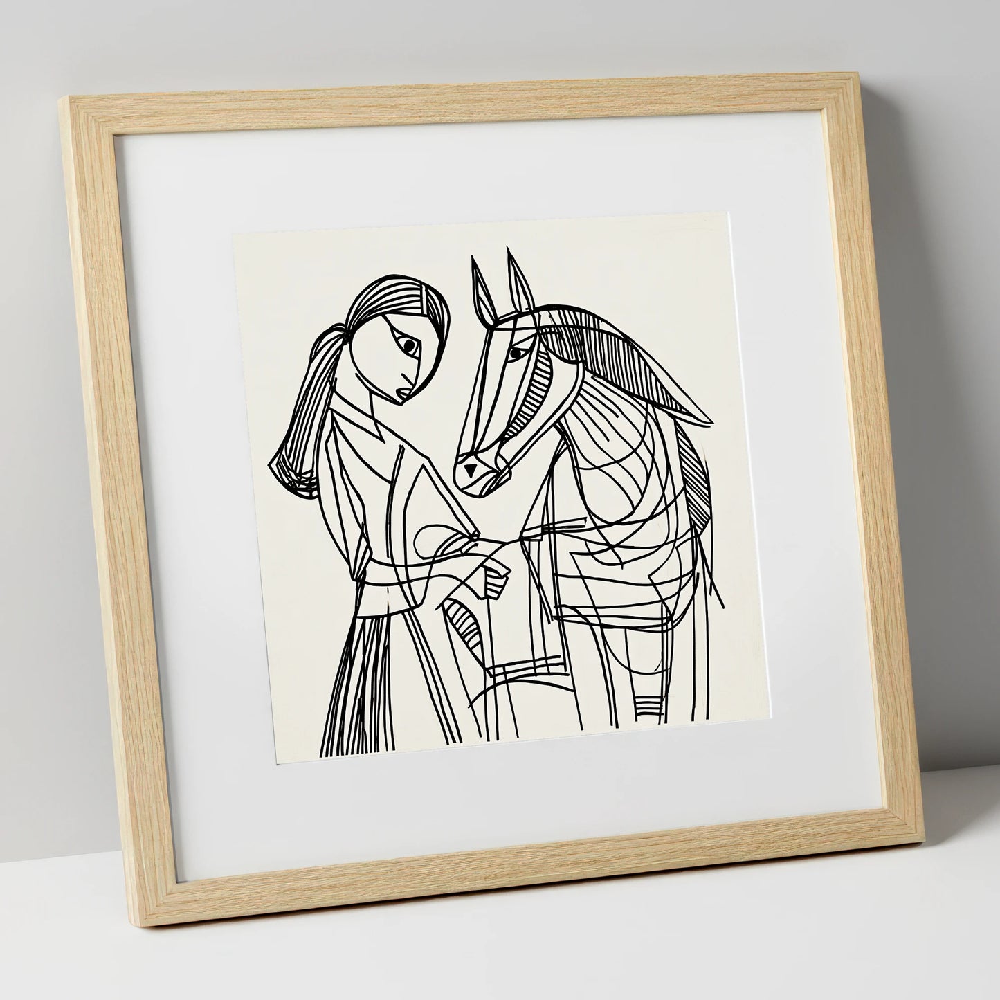 Lines of Connection horse & rider art print in natural frame