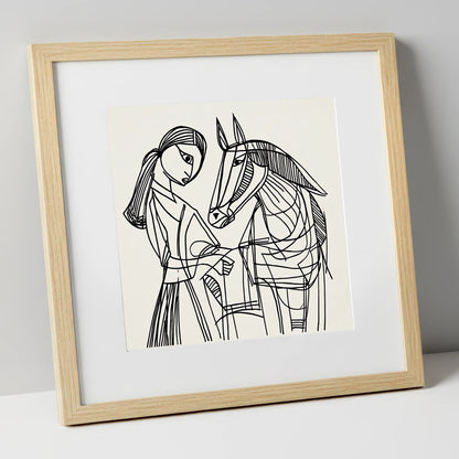 Lines of Connection horse & rider art print in natural frame