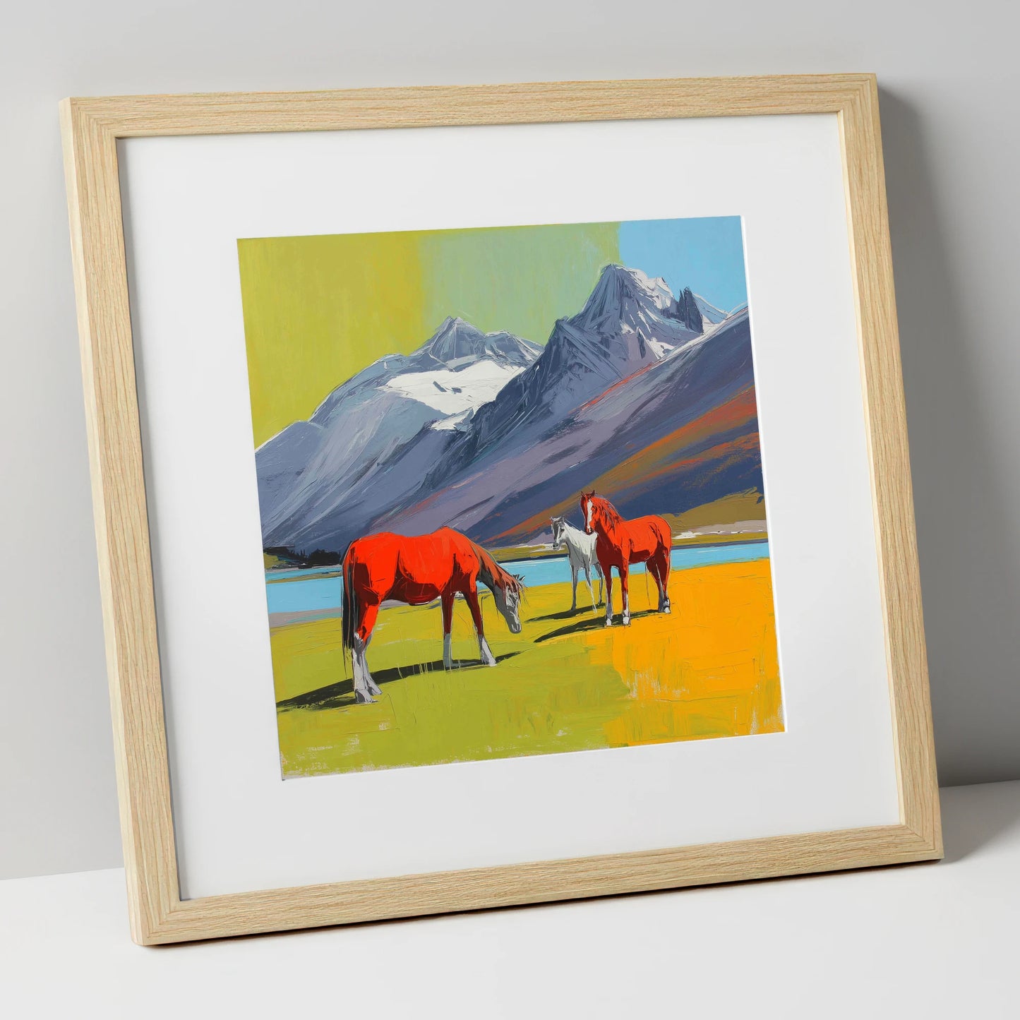 Vibrant Mountain Grazing horse landscape art print in natural frame