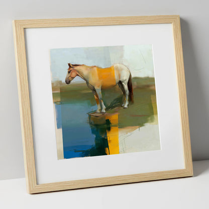 Geometric Waterside Reflection horse landscape art print in natural frame