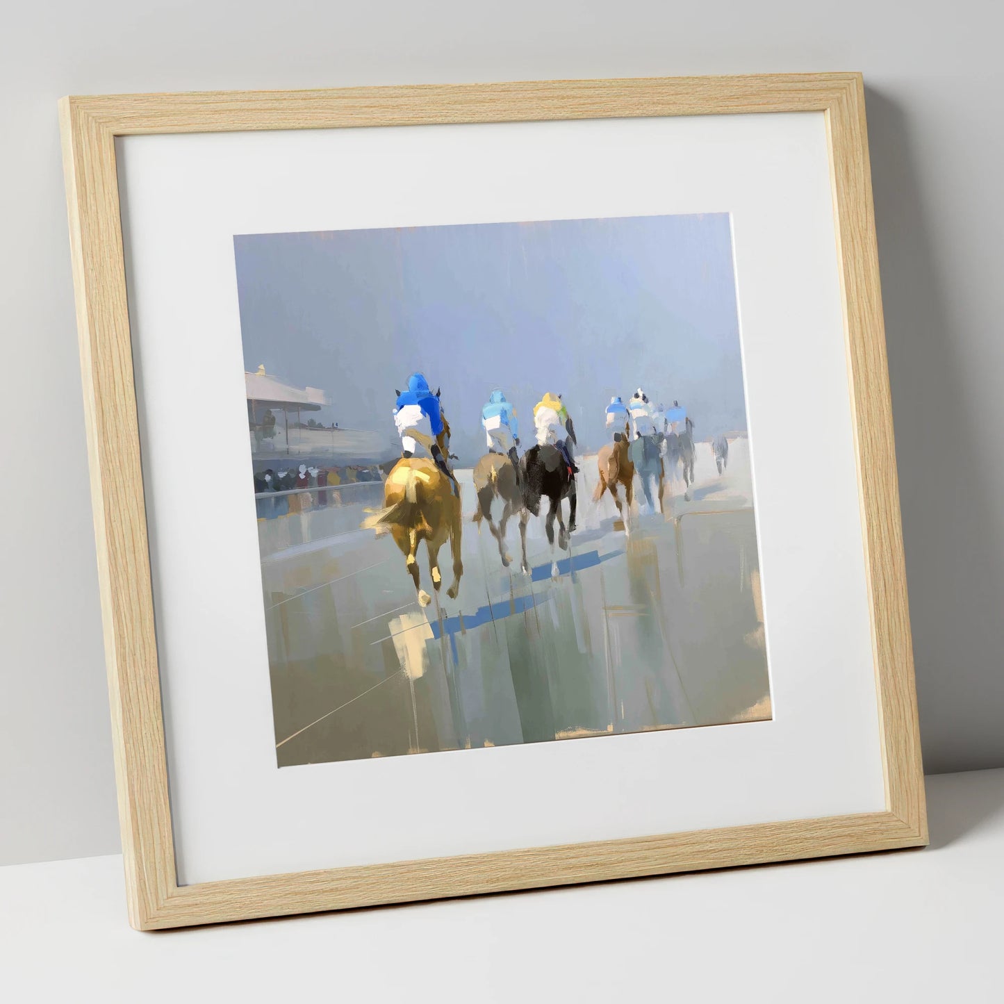 Into the Mist racing horse art print in natural frame