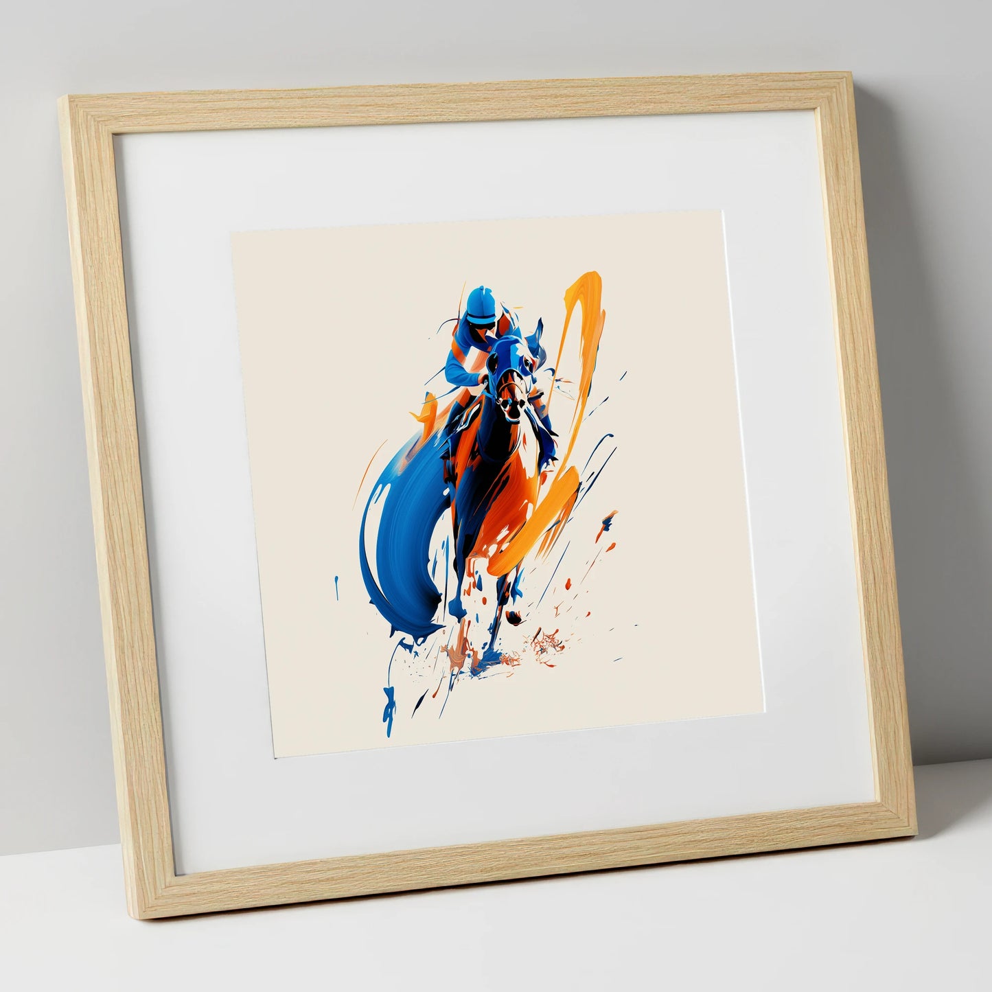 Dynamic Racing Strides racing horse art print in natural frame