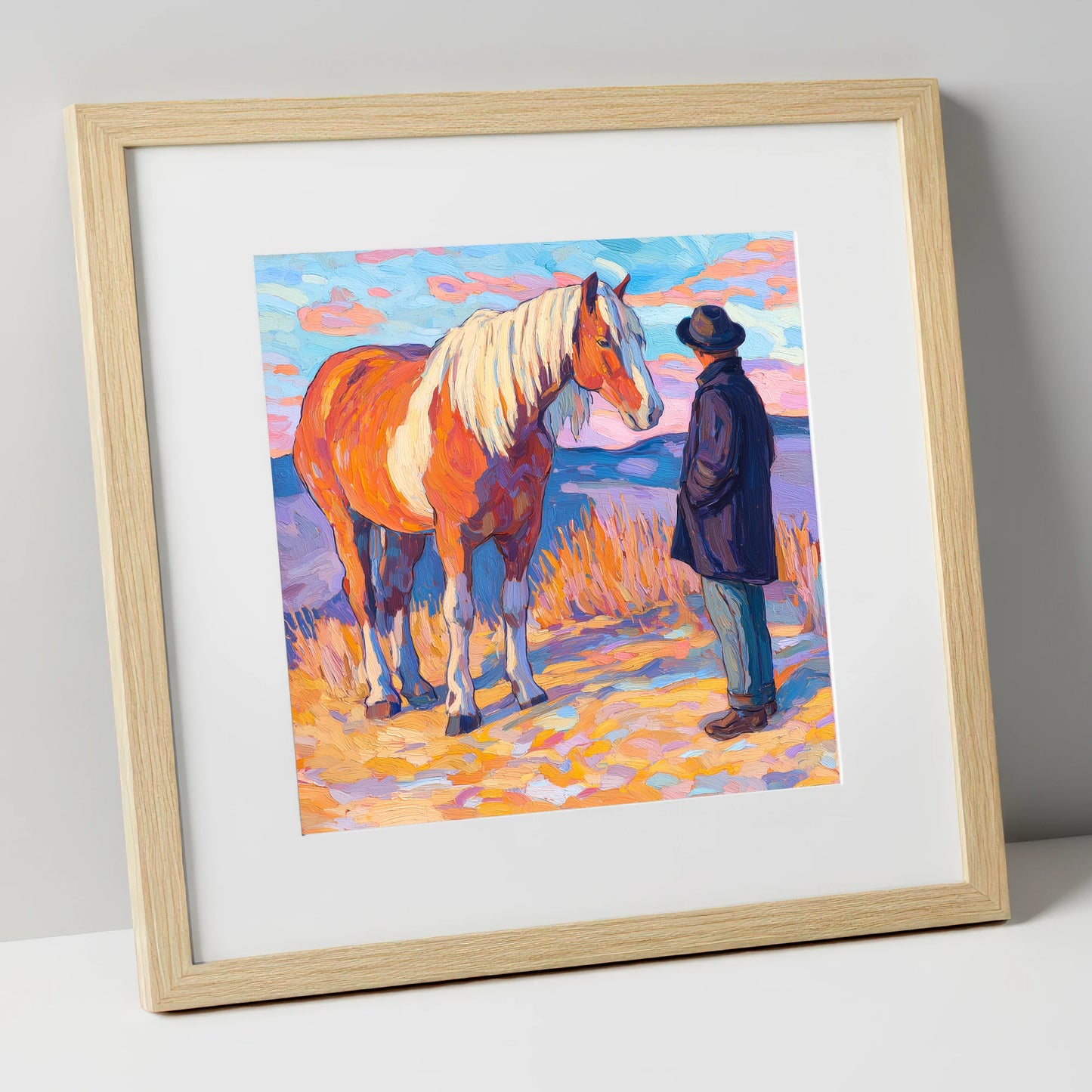 Golden Hour Harmony horse & rider art print in natural frame